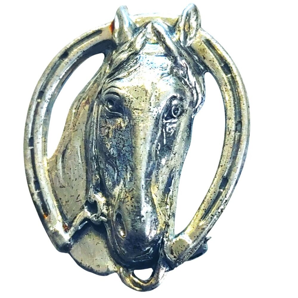 Sterling Silver Horse Head Brooch Pin Horseshoe Design Vintage Equestrian 2 Inch
